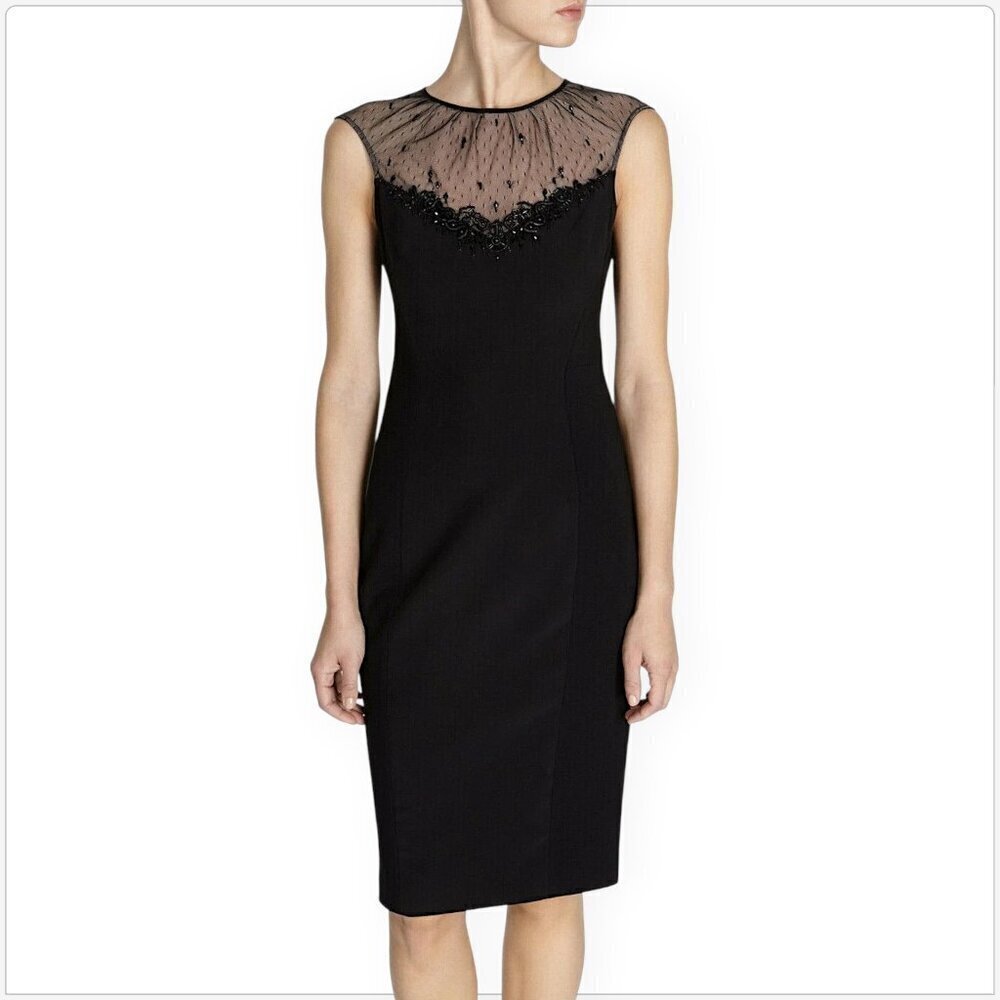 Karen Millen Black Nude Illusion Beaded Neckline Bodycon Pencil Dress New 4
